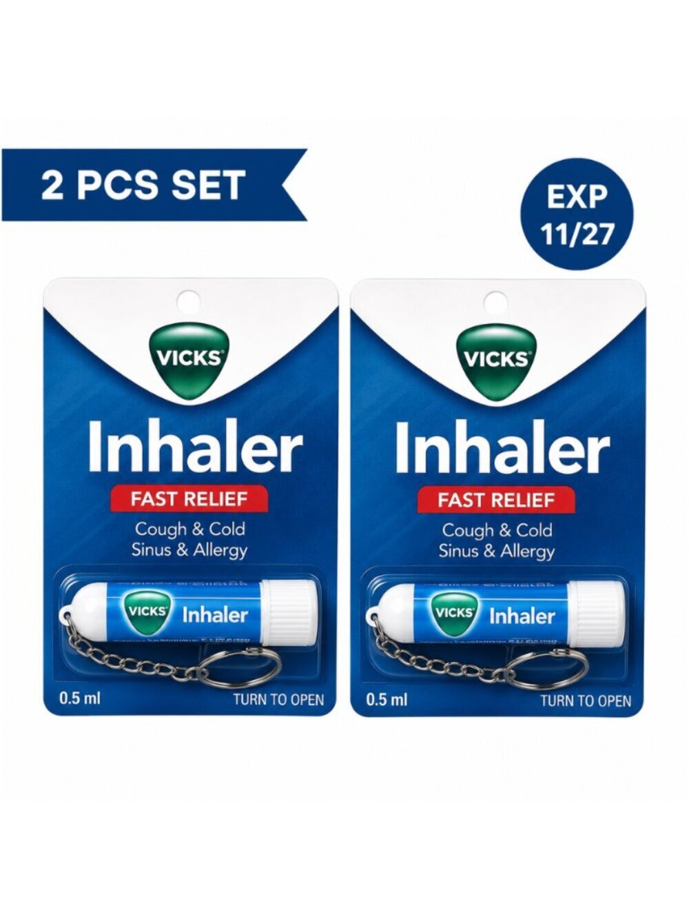Vicks Nasal Inhaler Fast Relief Cough Cold Sinus Allergy 0.5ml Keychain 2pk